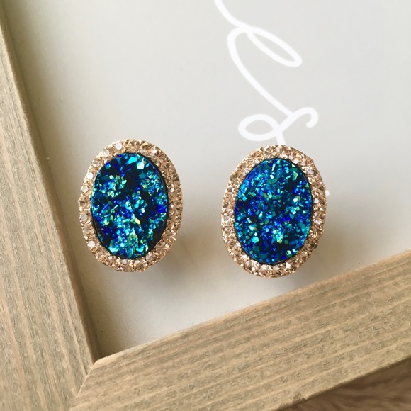 Oval Blue Druzy Cubic Zirconia Round Gold Earrings - Picture 4 of 8